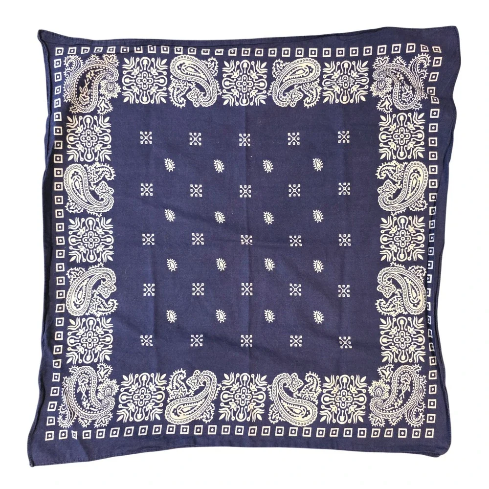 Vintage Navy Blue Paisley Bandana Square Cotton Scarf Americana Western Biker